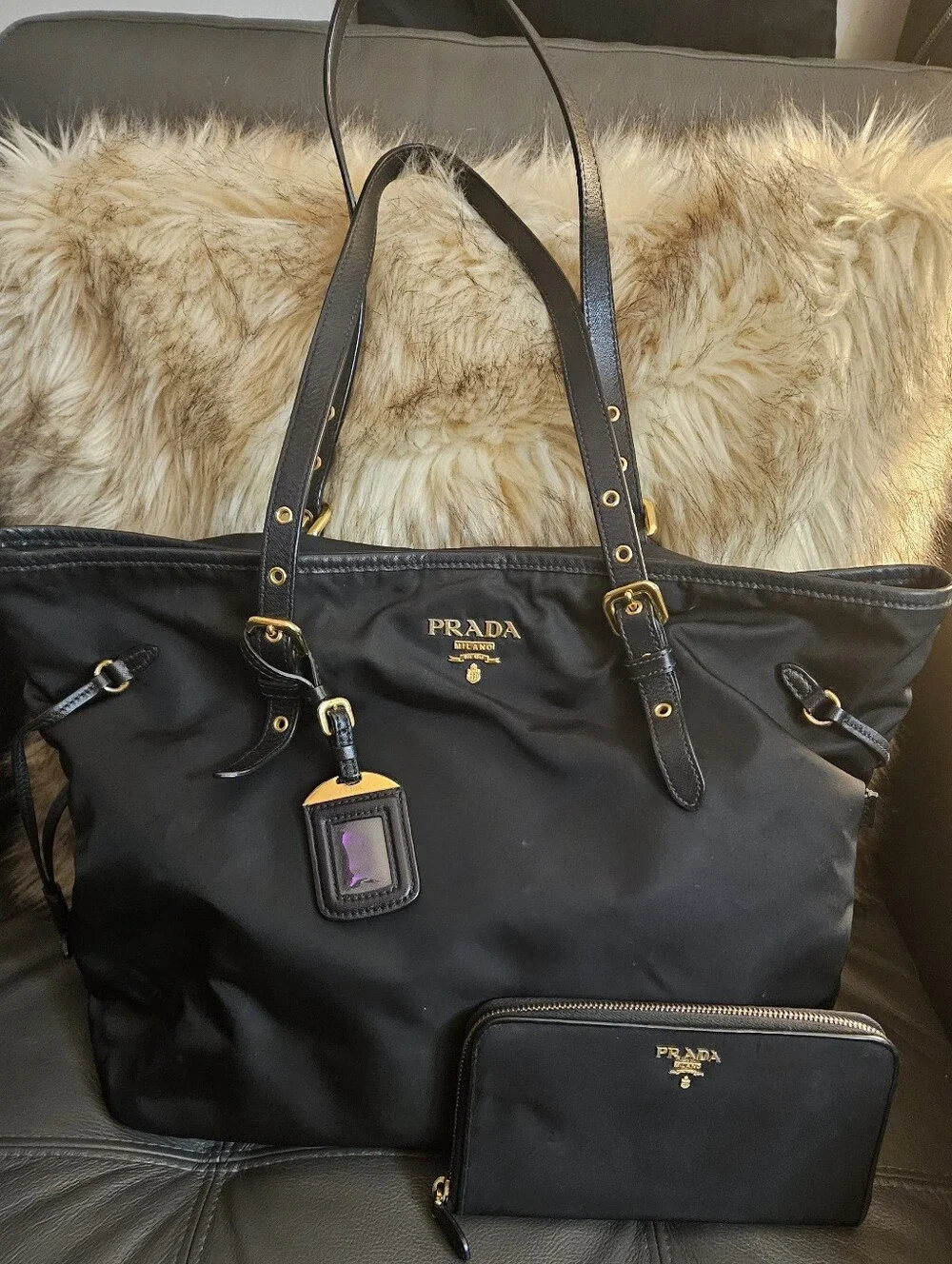 Prada Black Nylon Tote with Gold Hardware and Matching Wallet